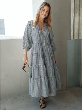 Carly Jean Los Angeles Black Gingham Tiered Maxi Dress Size small